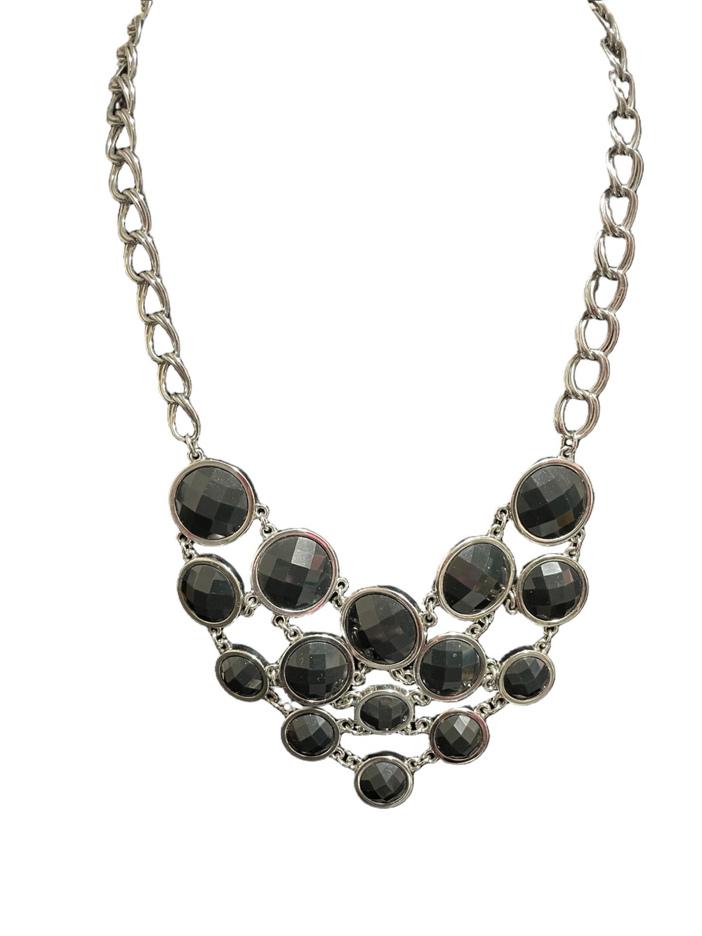 Lia Sophia Black Faceted Multi-Row Statement Necklace with Silver Tone